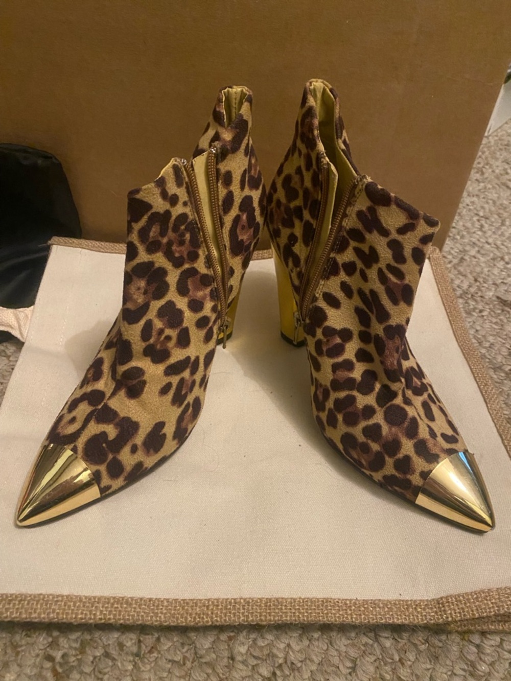 Shoe Dazzle Leopard Print Ankle Boots with Gold Toe Caps